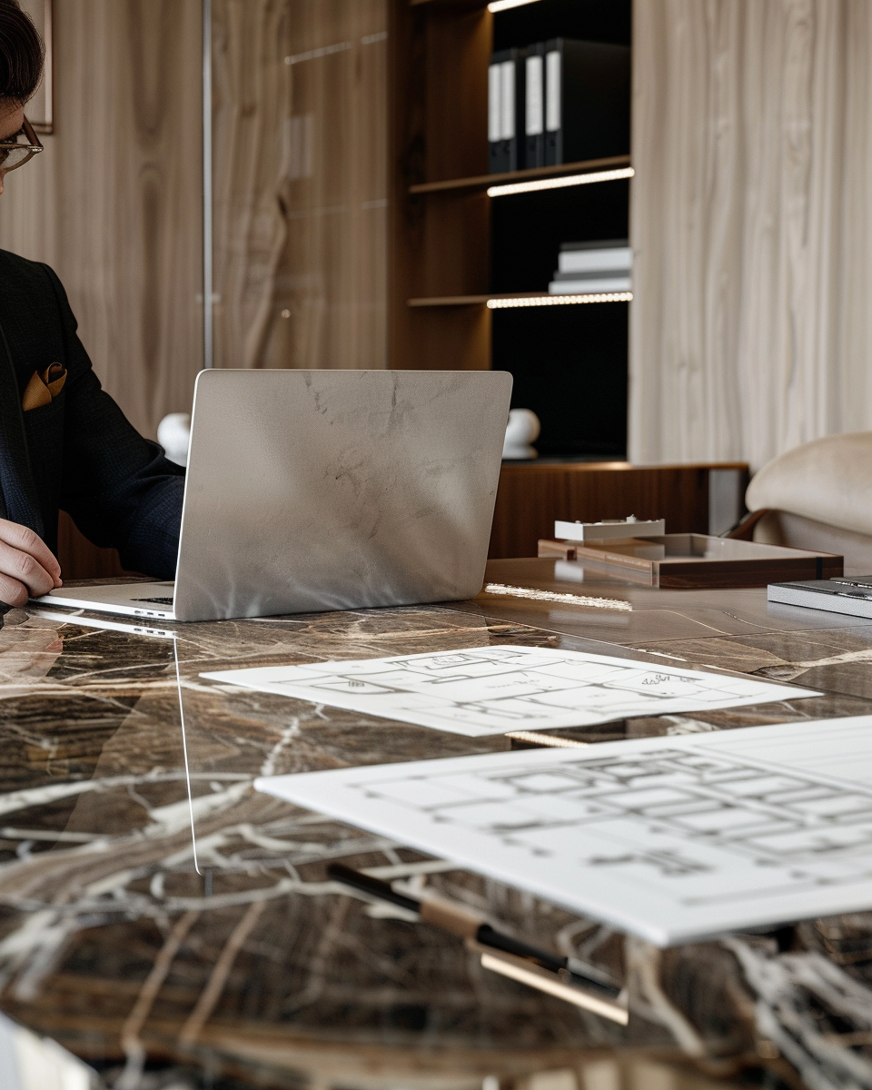 Luxury fit out consultation meeting in Dubai with architect reviewing project plans and material samples