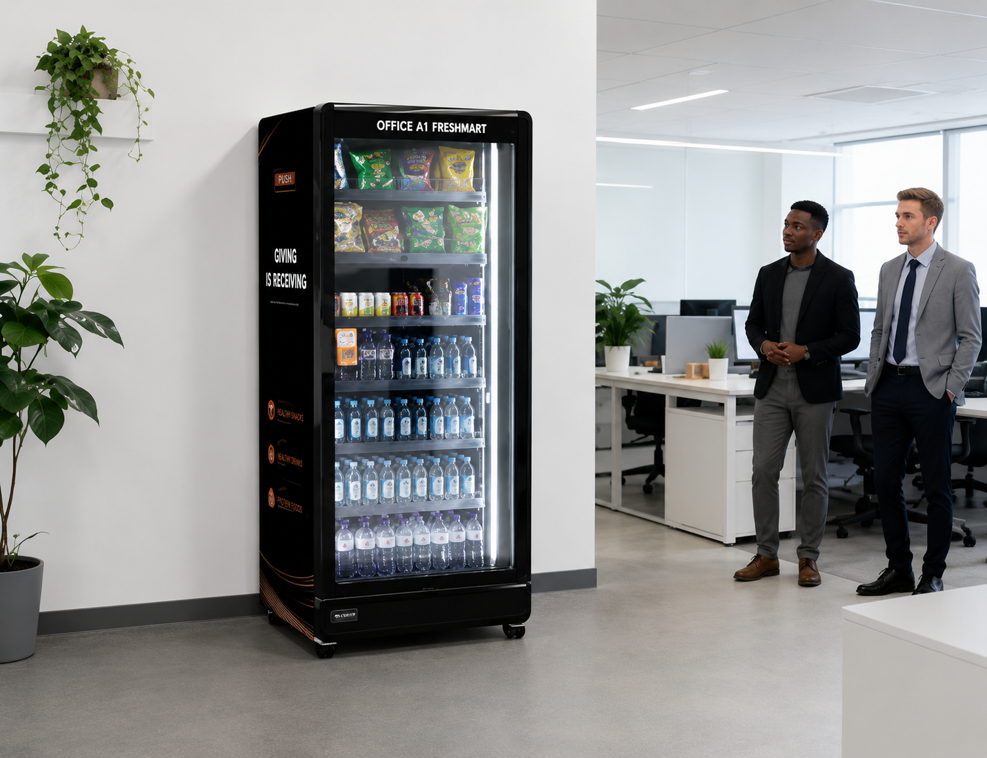 Black vending machine on a city sidewalk, stocked with snacks and drinks, orange cylinder nearby, modern building backdrop.