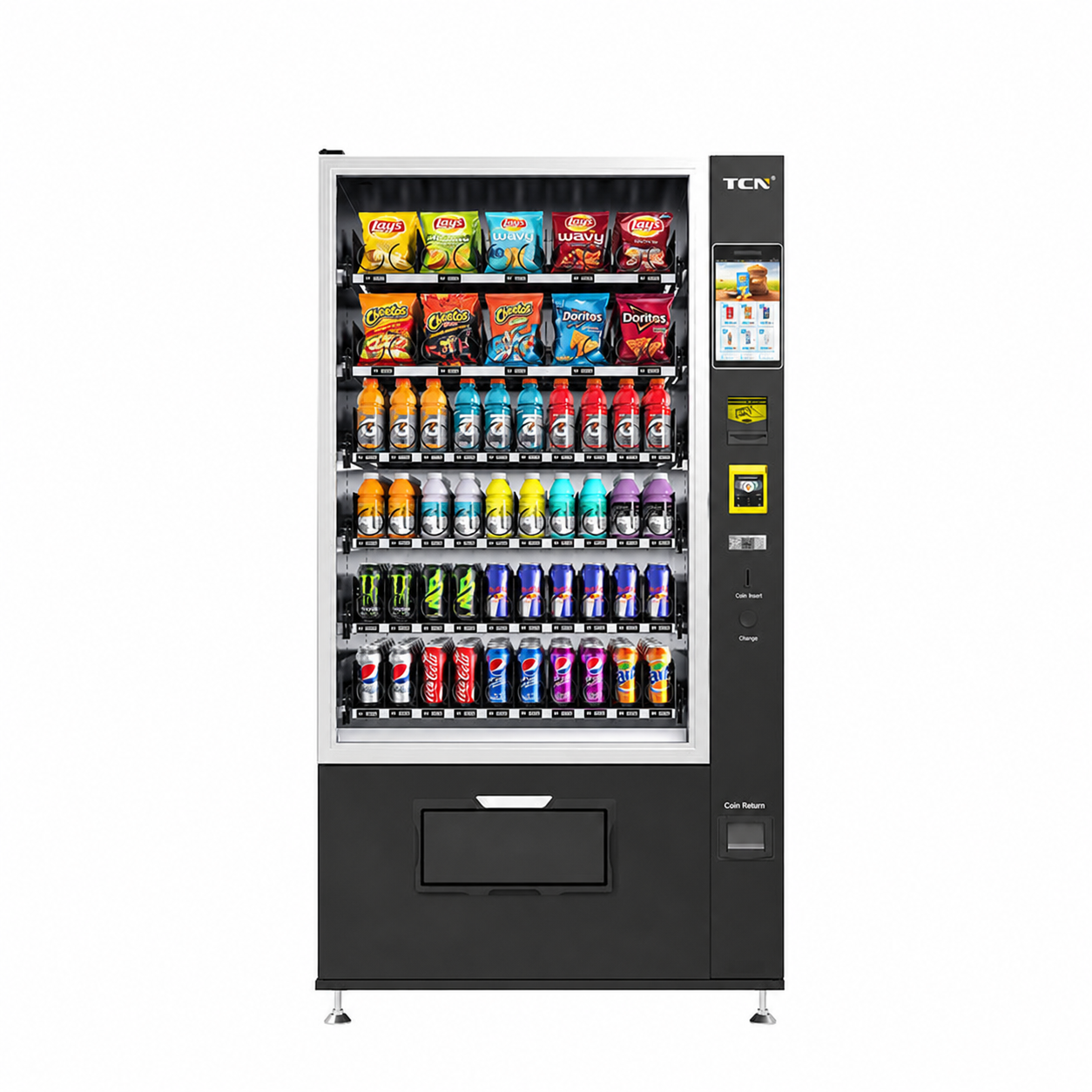 Black vending machine on a city sidewalk, stocked with snacks and drinks, orange cylinder nearby, modern building backdrop.