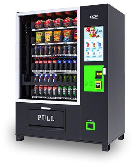 Black and white vending machine with snacks and drinks. Touchscreen interface, pull-out drawer.