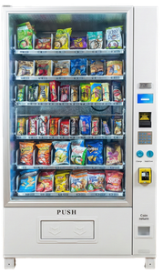 White snack vending machine filled with various packaged food items.