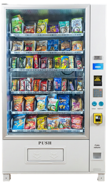 White vending machine stocked with snacks and drinks.