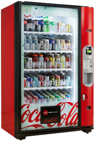 Red Coca-Cola vending machine with a glass front displaying various bottled and canned beverages.