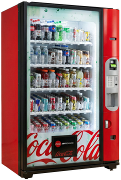 Red Coca-Cola vending machine with various beverages in clear view.