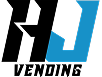 Logo for HJ Vending, black and blue stylized letters with