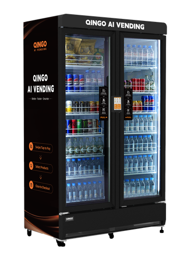 Black vending machine with drinks and snacks, 24-hour smart vending.