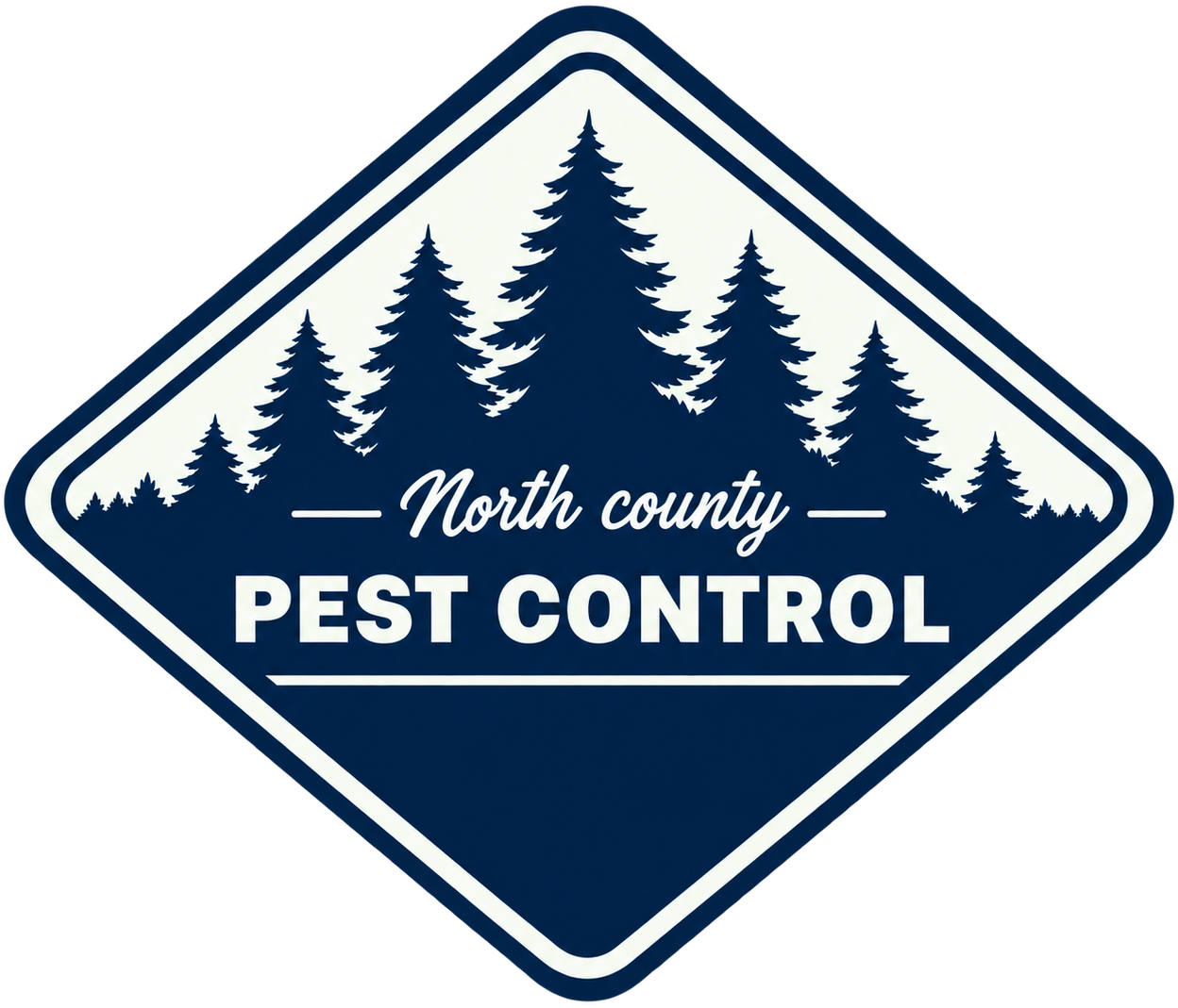 North County Pest Control logo with navy pine trees inside a diamond badge