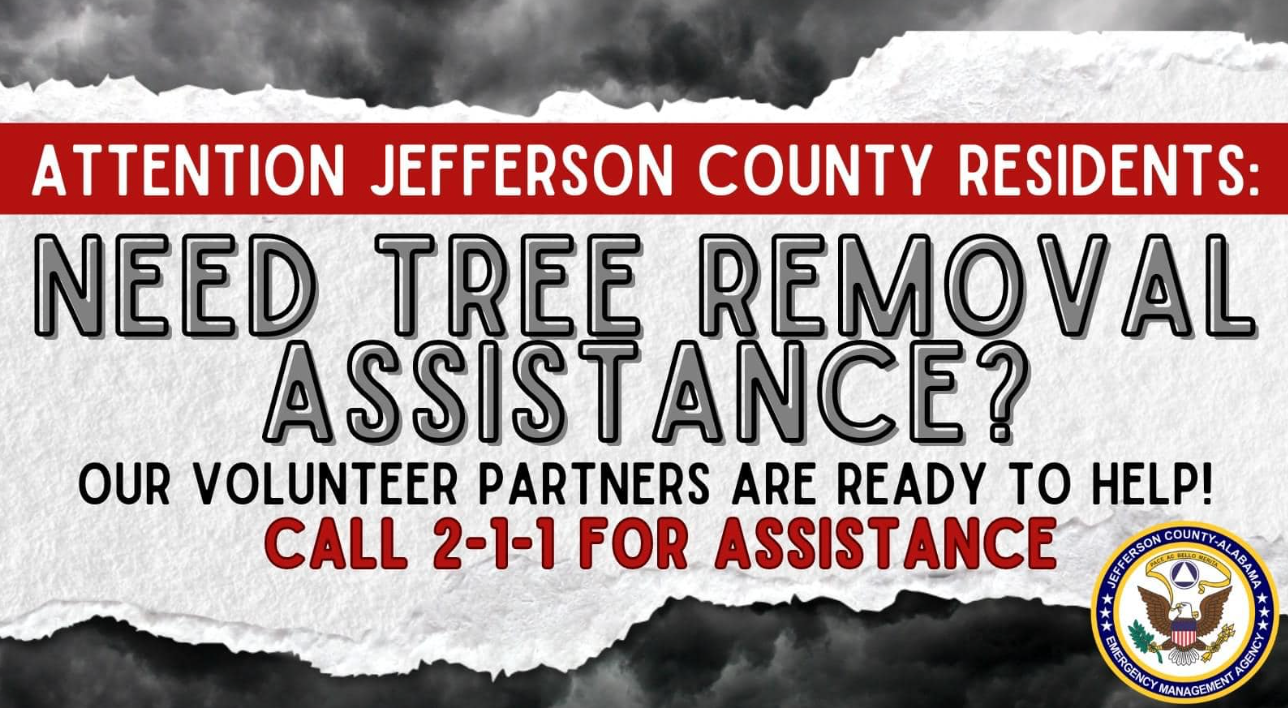 A sign that says attention jefferson county residents need tree removal assistance