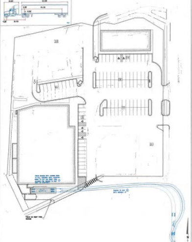 A black and white drawing of a parking lot and a building.