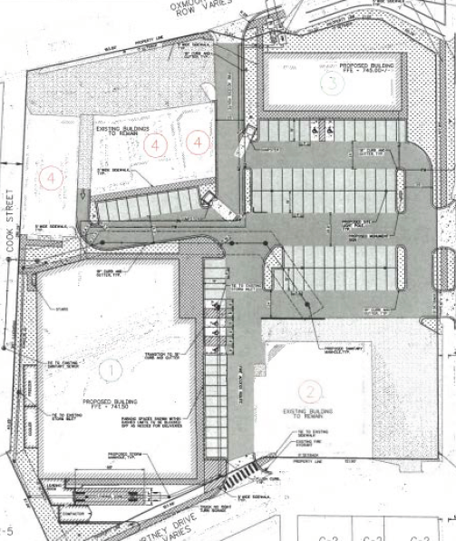 A black and white drawing of a parking lot