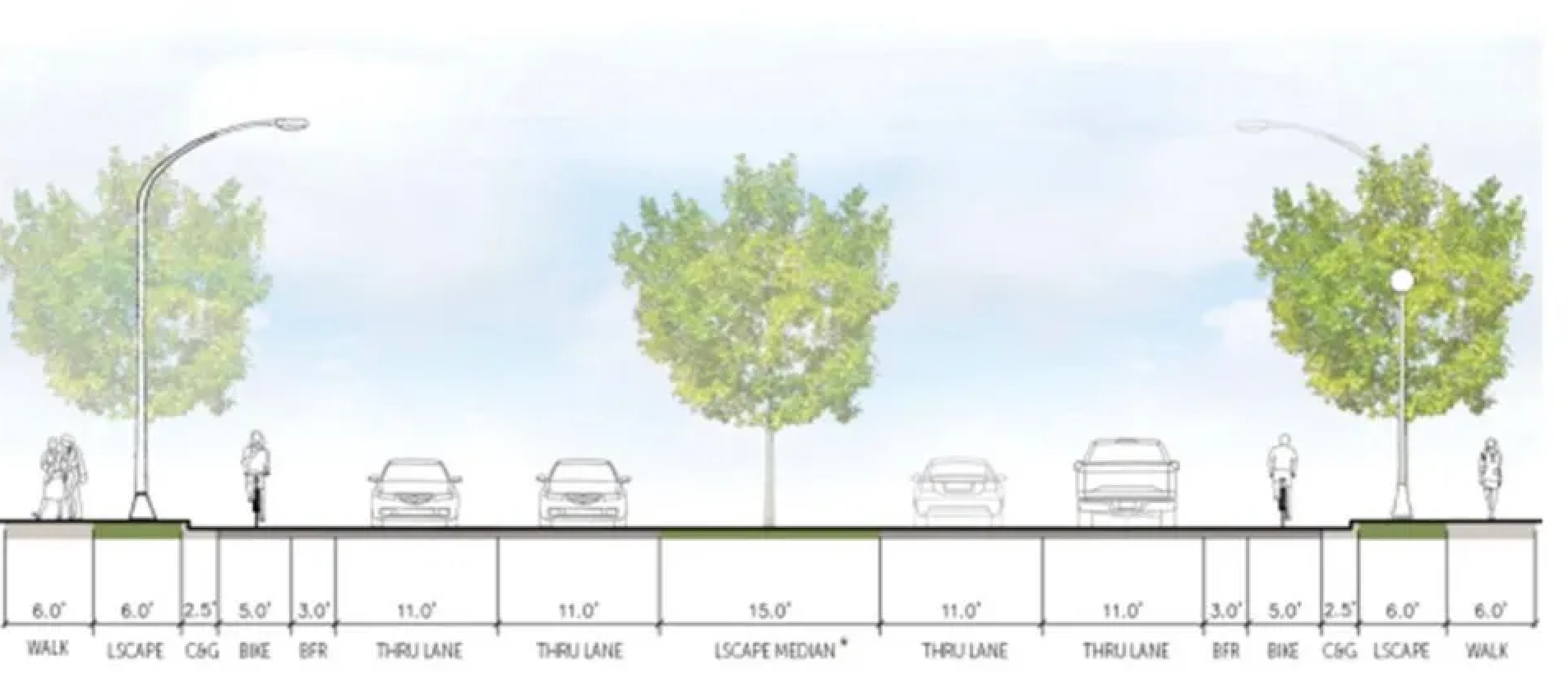 A drawing of a street with trees and cars