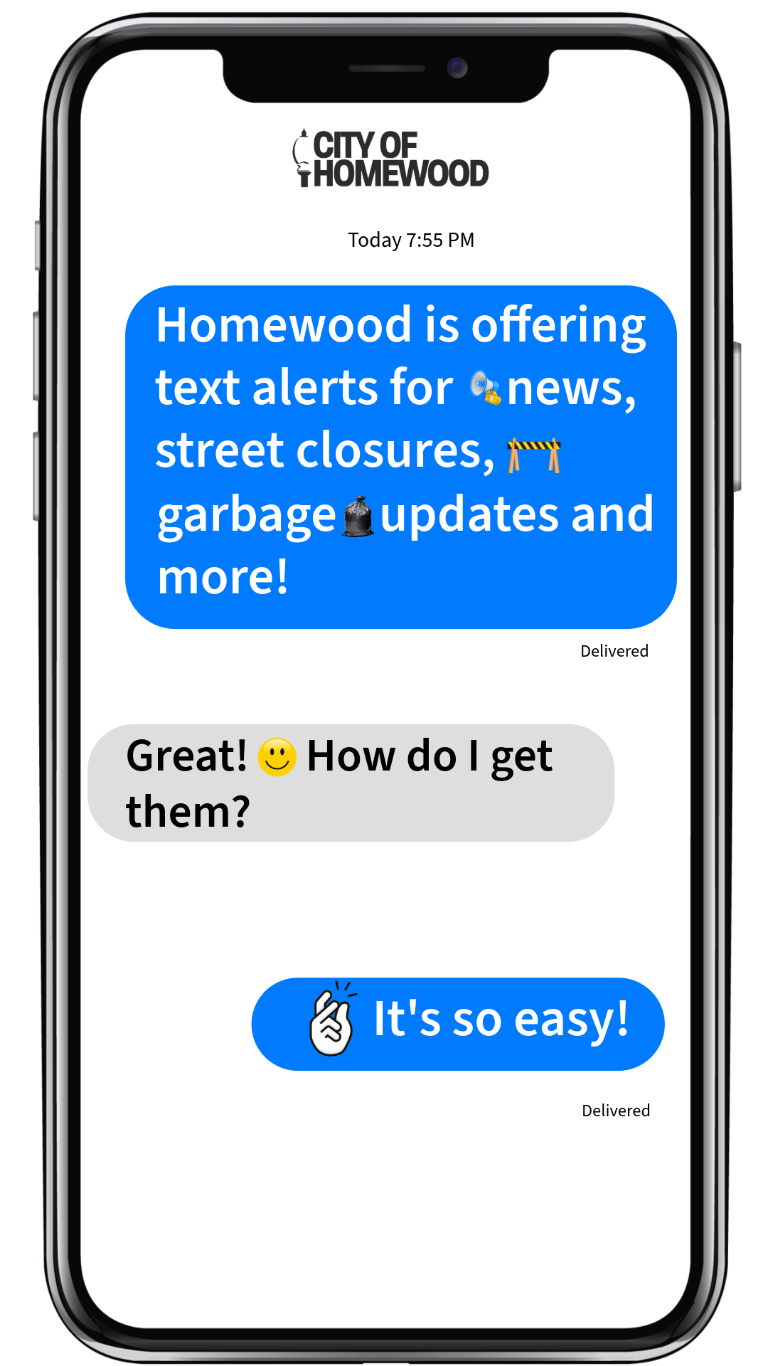 Homewood text alert example shown on a mobile phone