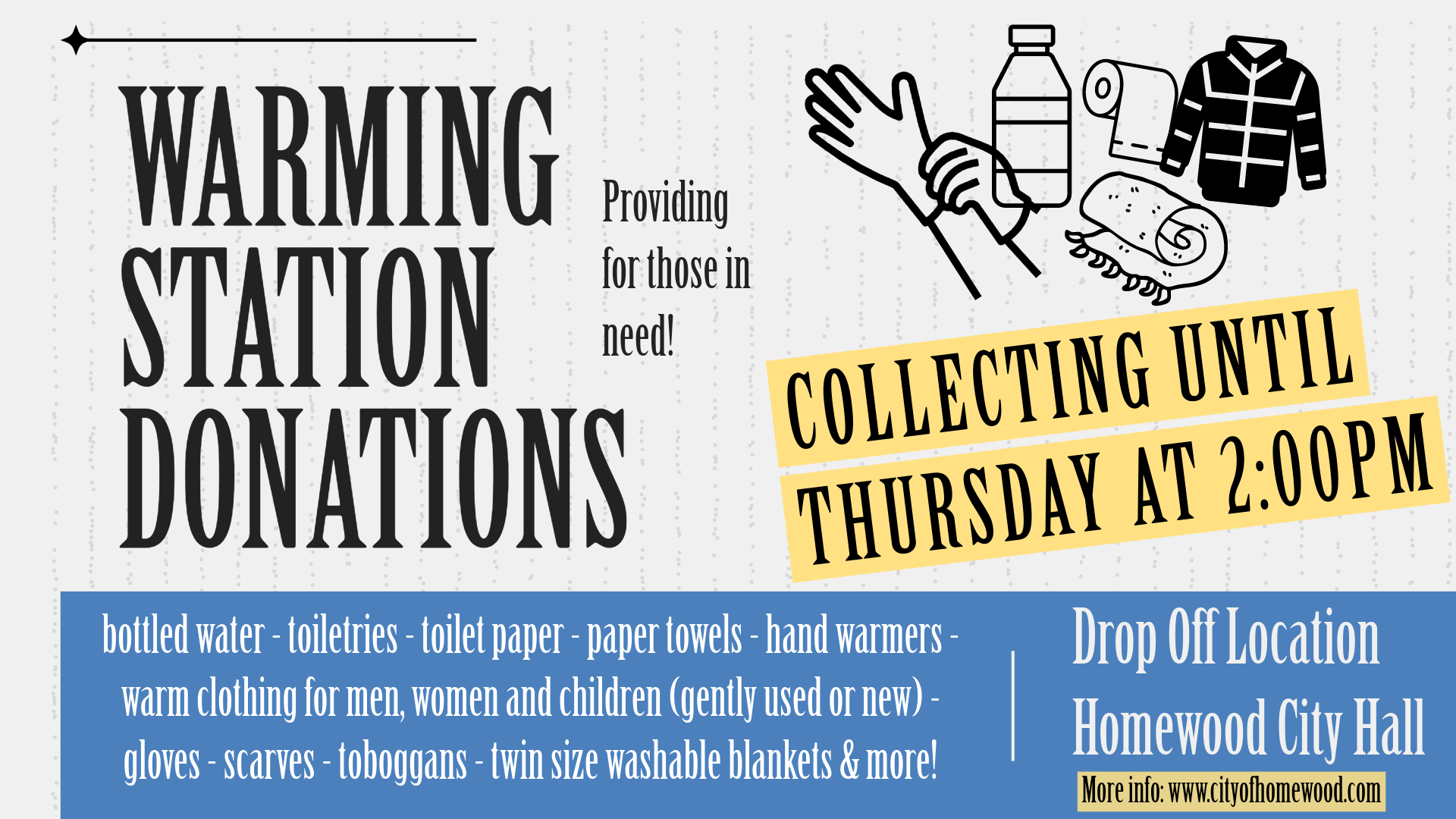 A poster for a warming station donations event