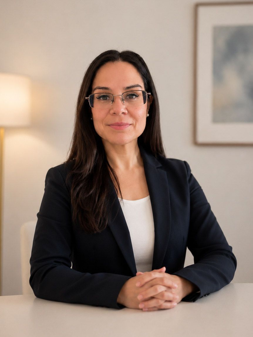 Dr. Maria Andrea Arellano with glasses seated at a desk in an office, wearing a dark blazer and white top.