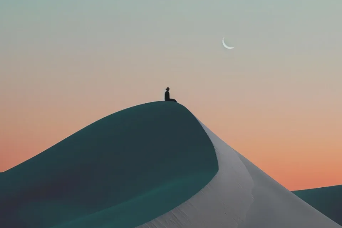 Two hands reaching toward each other over a soft, cream-colored symbol above rolling green hills