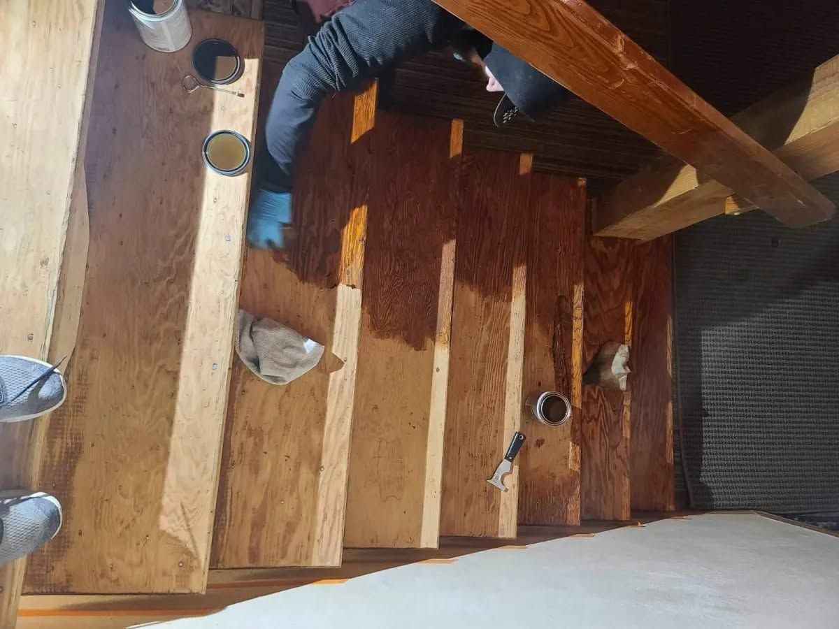 Wooden staircase with two cats, a person’s legs, and a cup on the steps