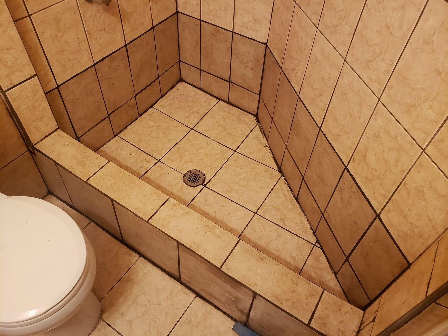 Tiled bathroom shower stall with a low curb and floor drain next to a toilet.