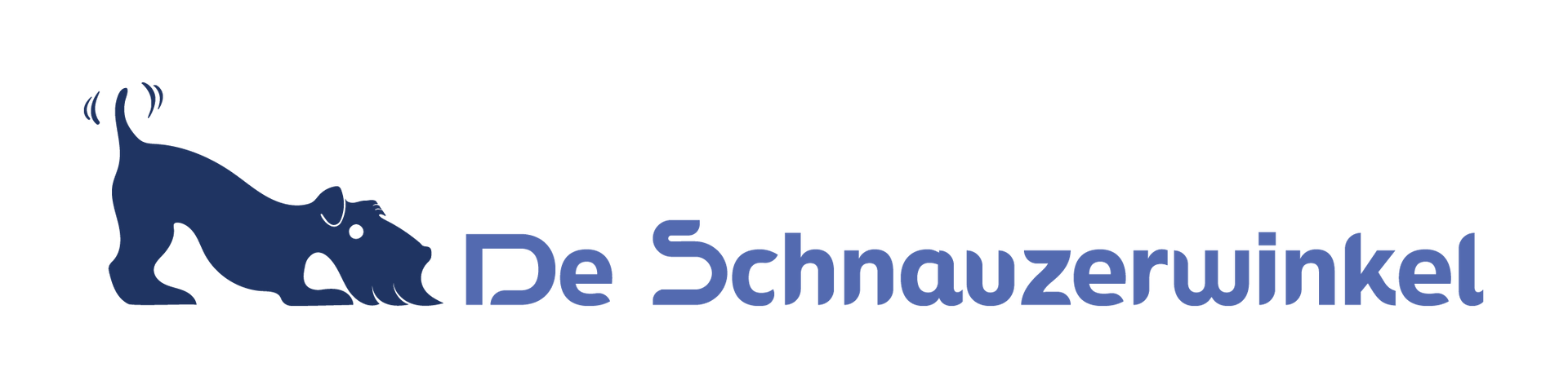 Logo van een buigende donkerblauwe hond met de tekst 