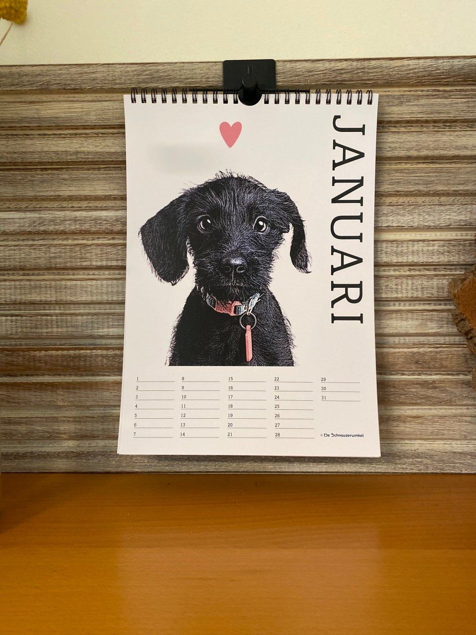 Januarikalender met een portret van een zwarte hond en een roze hart erboven.