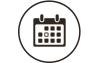 Calendar icon inside a circle, black outline on white background