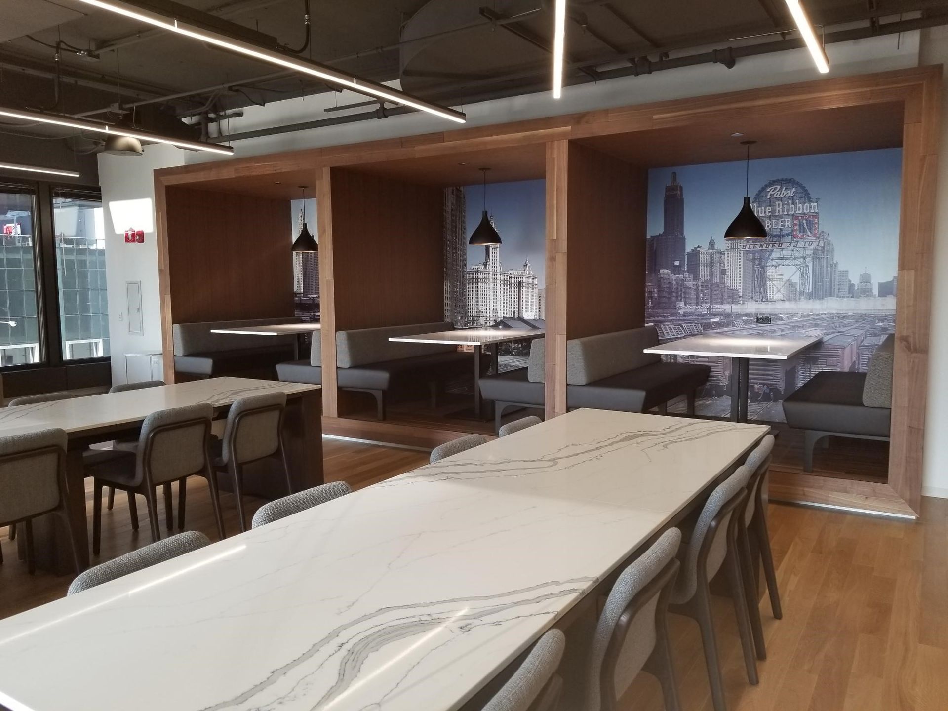 A dining room with tables and chairs