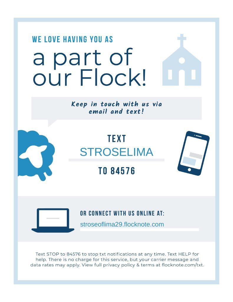 Blue church event flyer reading “a part of our FLOCK!” with service details and phone icons