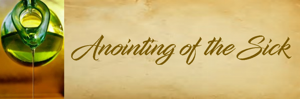 Green oil bottle beside the words “Anointing of the Sick” on a parchment background