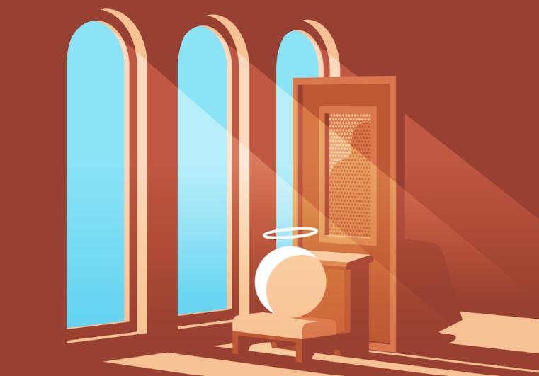 Sunlit church interior with arched windows, a confessional booth, and a kneeling figure praying