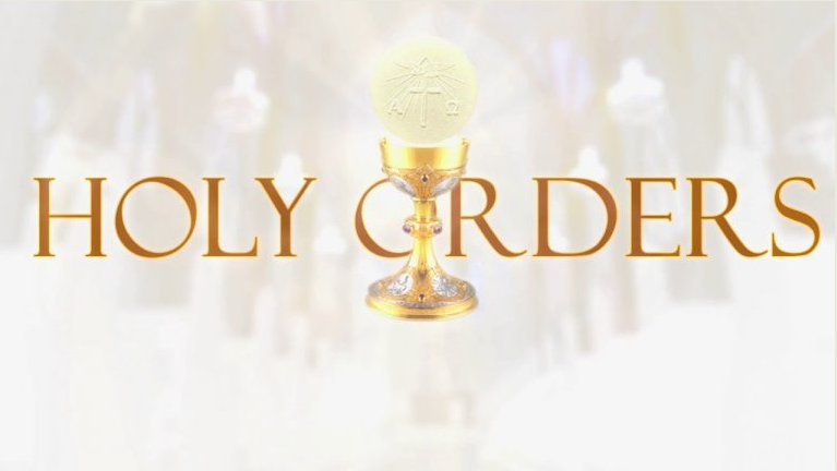Gold “HOLY ORDERS” title with a glowing chalice and host on a white background