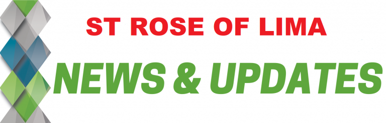 ST ROSE OF LIMA NEWS & UPDATES banner in red and green with diamond pattern
