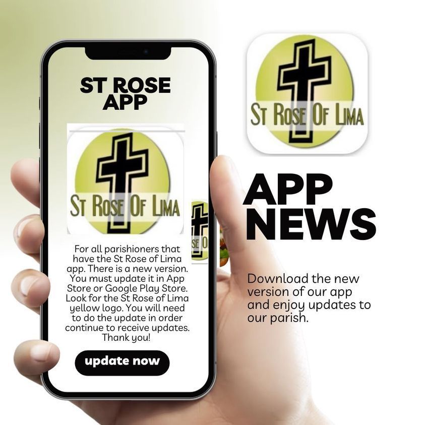 St. Rose of Lima app promo on a phone, with app icon, “APP NEWS,” and update now button.
