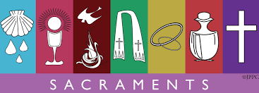 Sacrament symbols on colored panels with the word “SACRAMENTS” across the bottom.