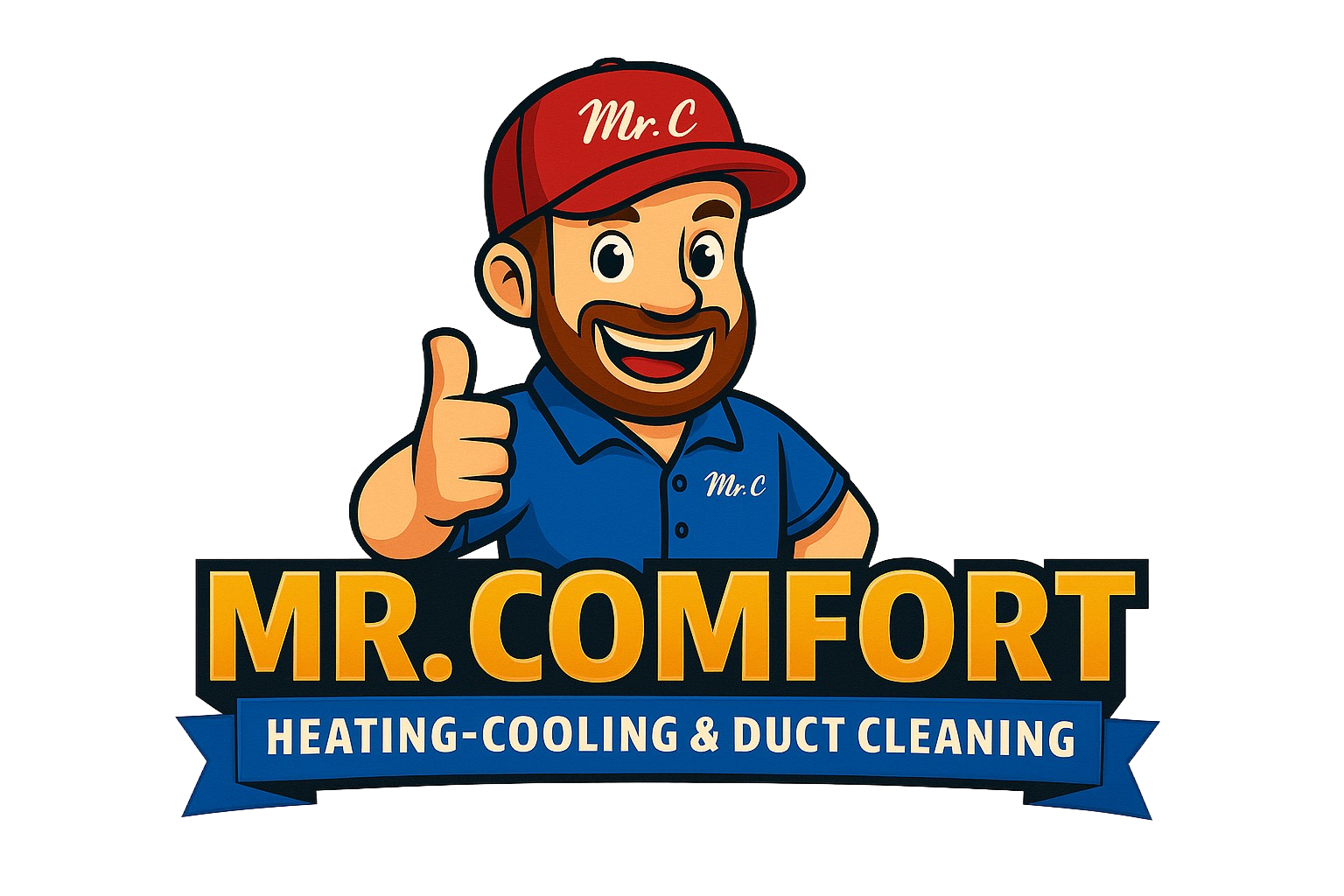 Mr. Comfort logo: Smiling man in a red cap gives a thumbs-up. Text reads
