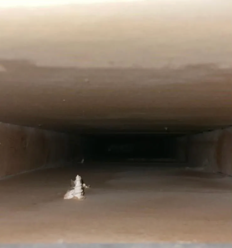 Dusty rectangular air duct interior. Dark, enclosed space with debris on the floor.