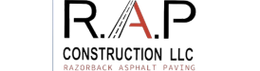Logo for R.A.P. Construction LLC: black and red letters, a road graphic, and company name on white.