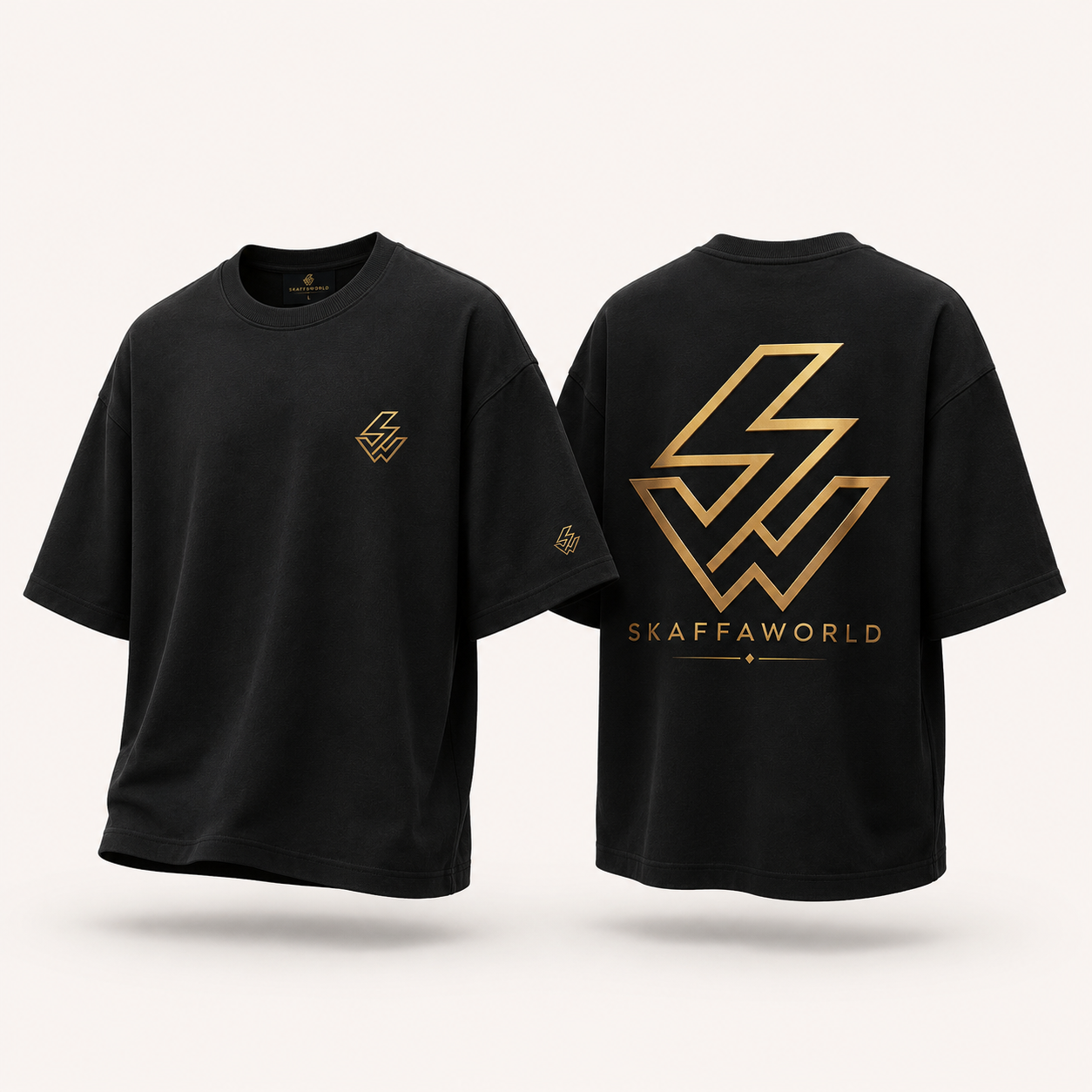 Zwart SeaWorld T-shirt met grafische print, zowel aan de voor- als achterkant afgebeeld, met een gouden bliksemlogo en tekst.