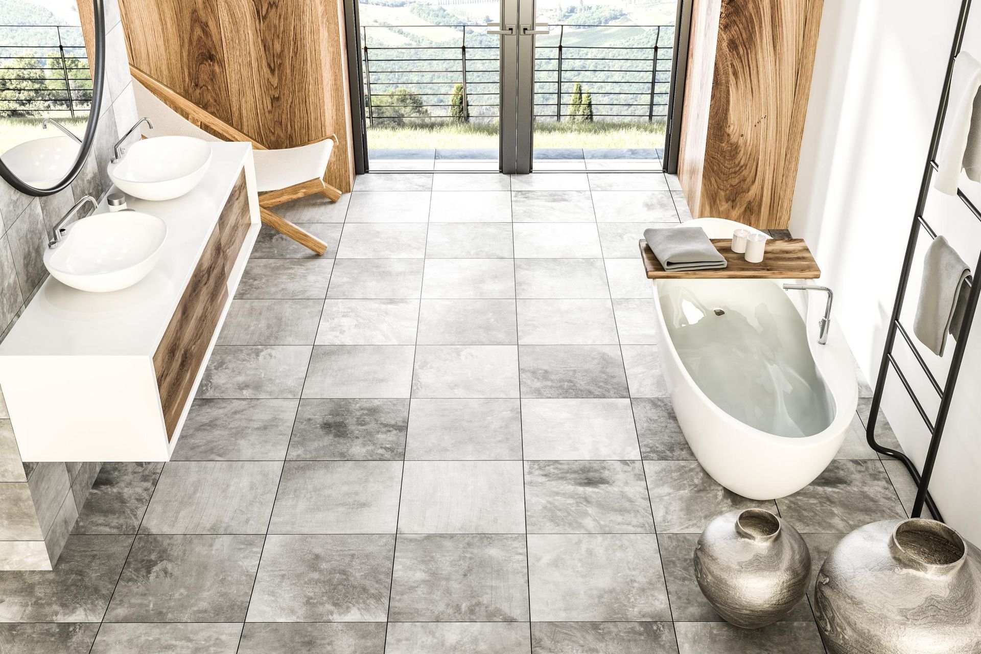 a bathroom with two sinks and a bathtub
