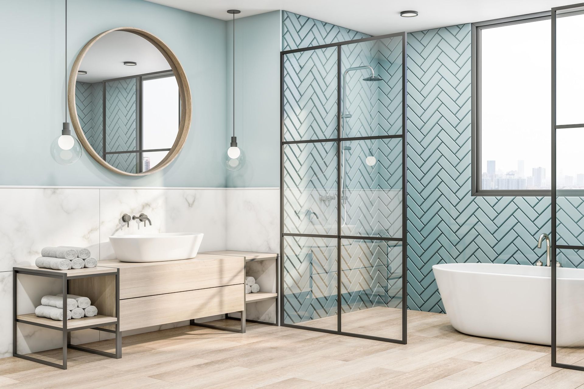 a bathroom with blue and white tiles and a bathtub
