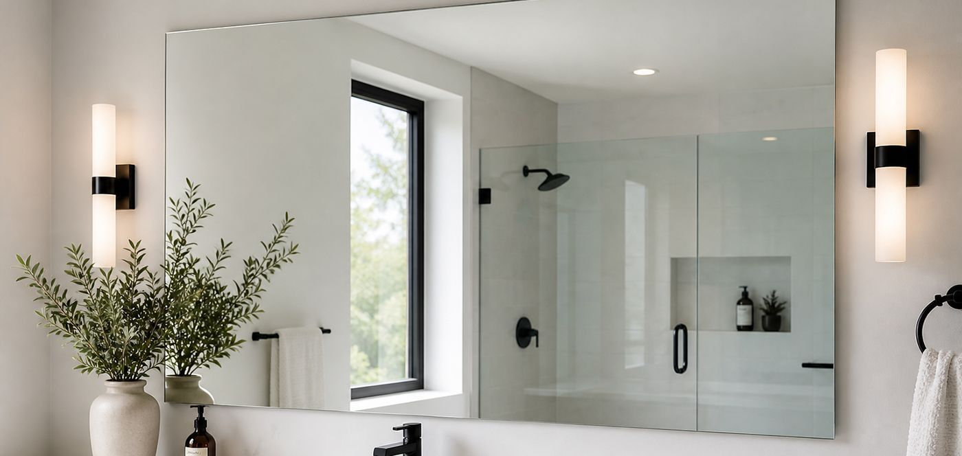Modern bathroom with white tile, glass shower, black fixtures, and wall sconces beside a sink and greenery