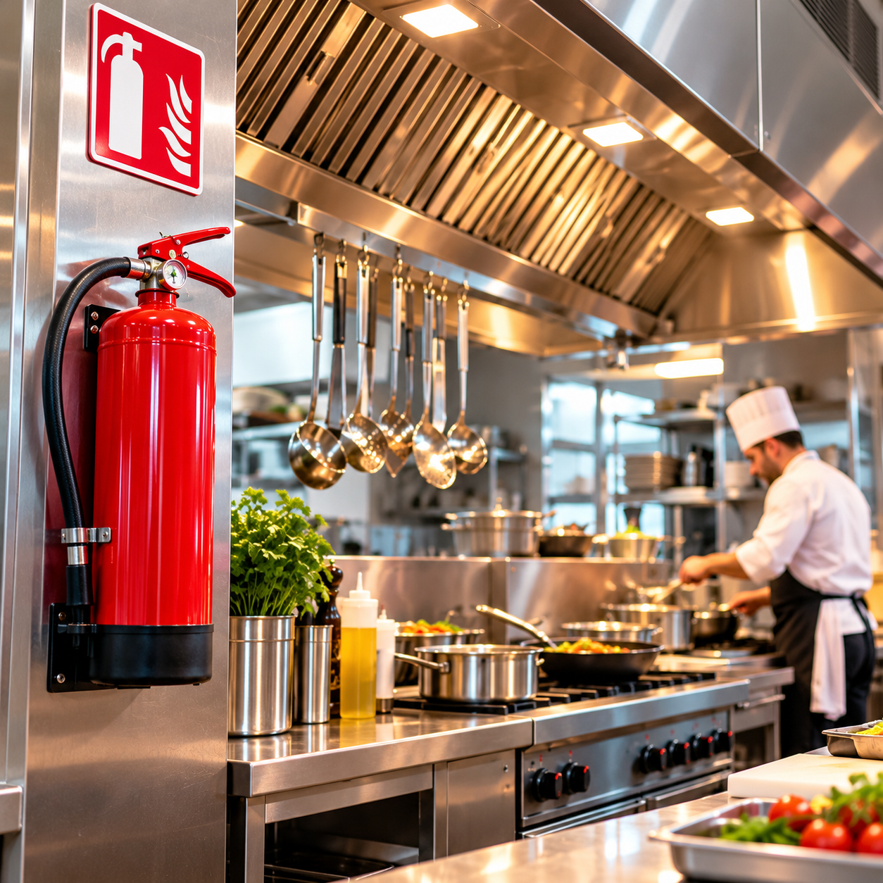 Flammes dans une poêle en cuisine professionnelle, illustrant le risque incendie dans les restaurant
