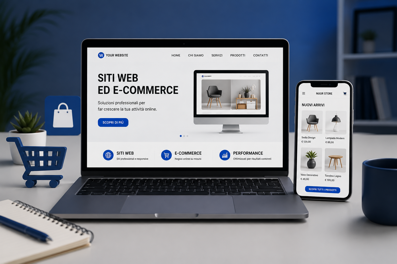 Mockup di un sito web di e-commerce su laptop e telefono, con icona del carrello e articoli di cancelleria sulla scrivania.