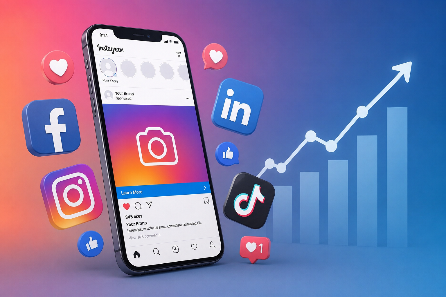 Smartphone con icone dei social media e grafico analitico in crescita su sfondo blu-viola