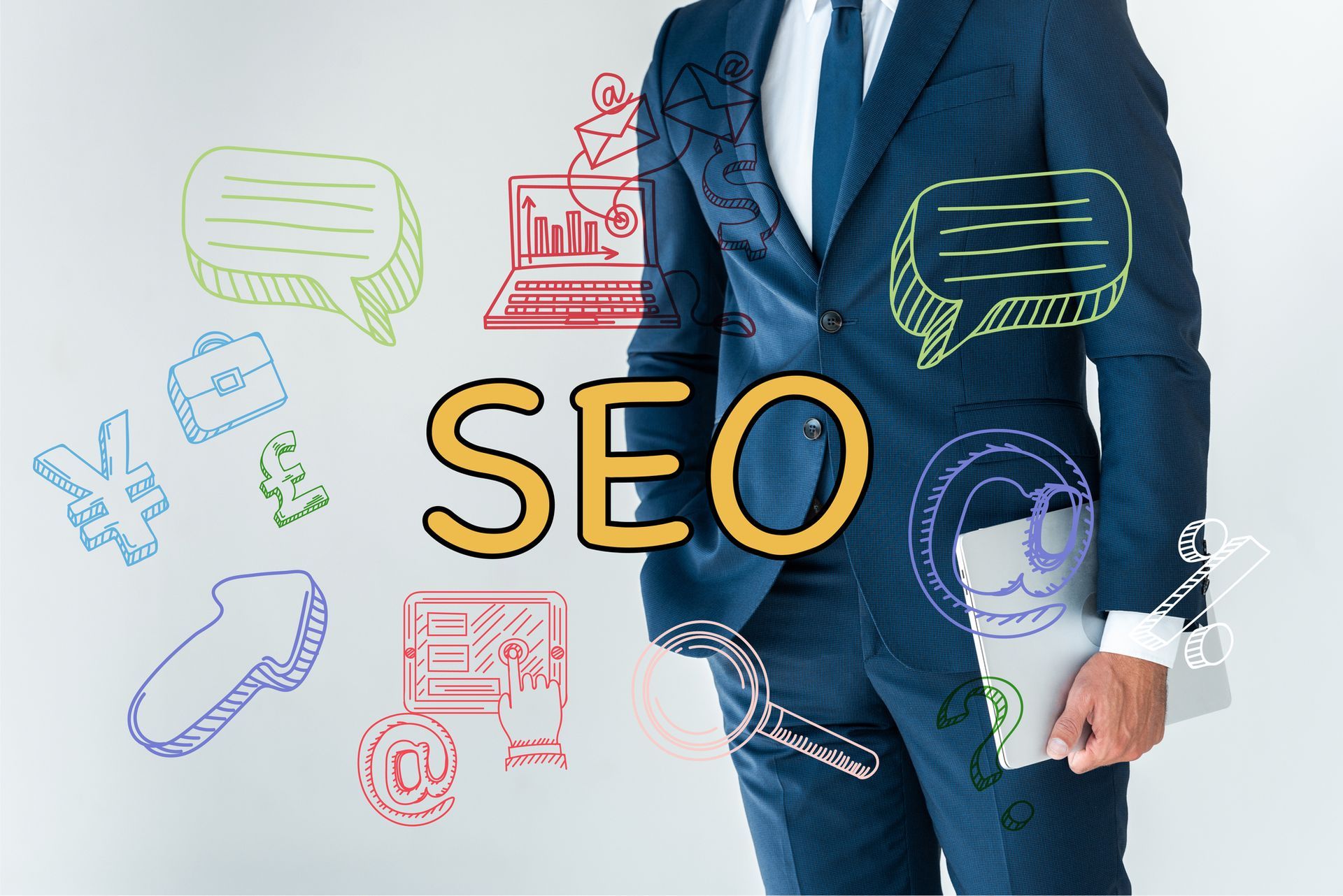 Uomo d'affari in abito blu scuro che tiene in mano dei documenti accanto a icone SEO colorate e alla parola