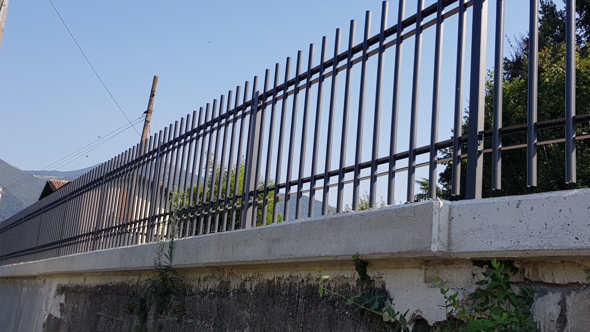 Una recinzione di metallo nero in cima a un muro di cemento ricoperto di rampicanti, a lato di una strada sotto un cielo limpido.