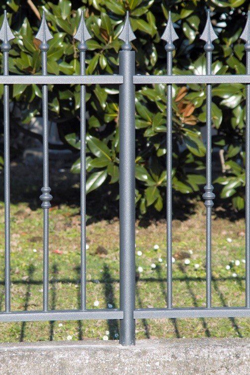 Recinzione in ferro battuto nero davanti a cespugli verdi ed erba.