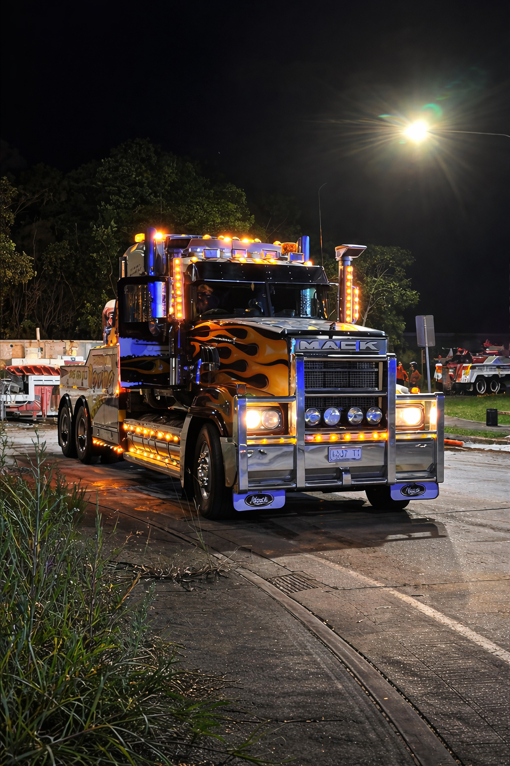 Blue and chrome tow truck parked on a wet road at night — Bangalow Towing in Bangalow, NSW