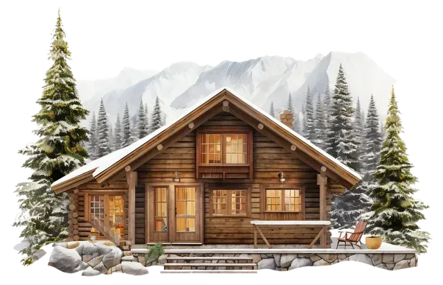Une cabane en bois est entourée d'arbres et de montagnes couverts de neige.