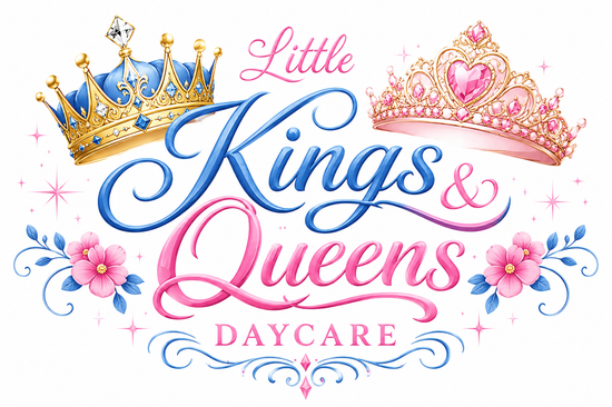 Little Kings & Queens Daycare logo with gold and pink crowns, flowers, and decorative script