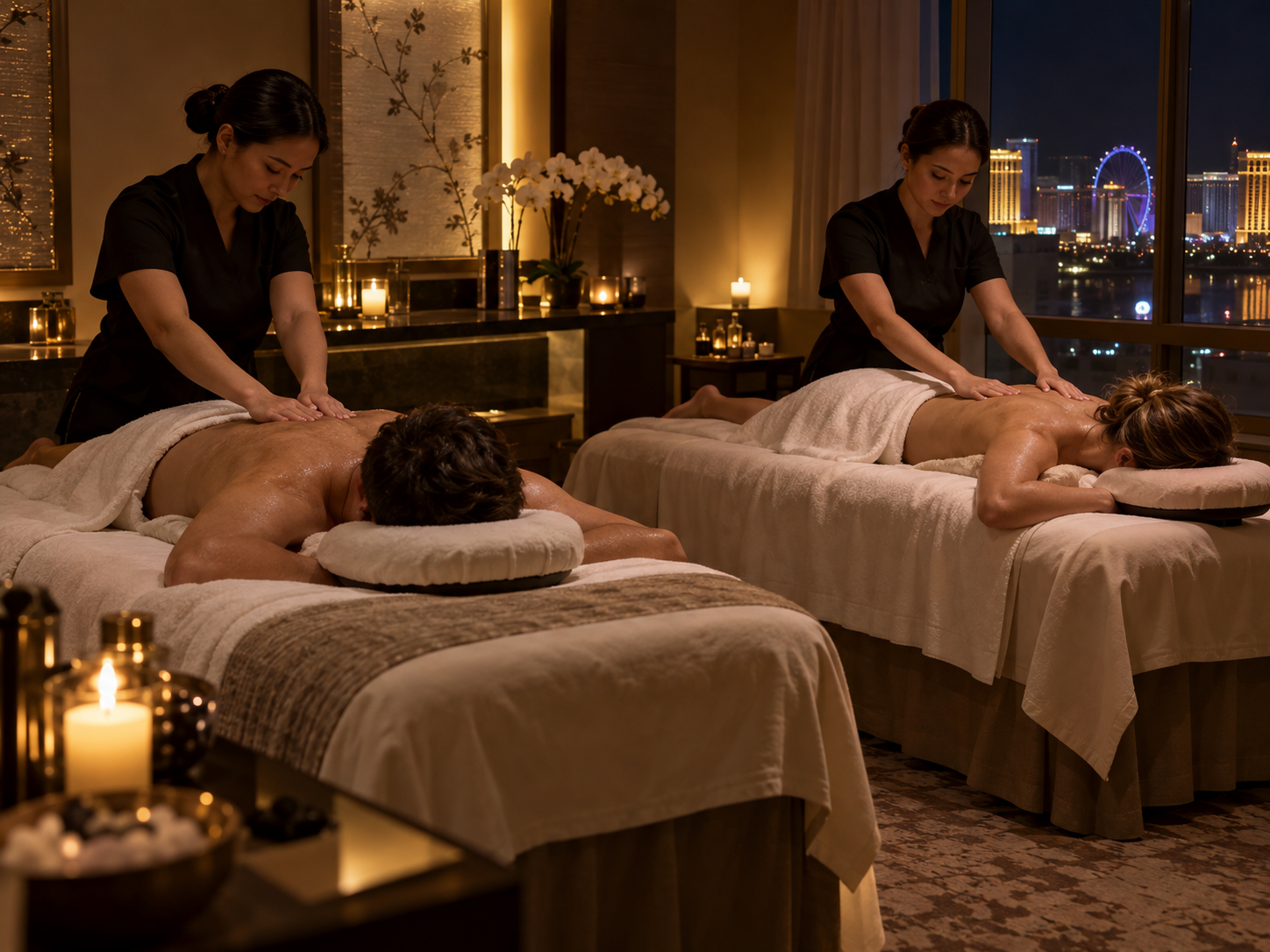 two guests on parallel massage tables in a dim Las Vegas spa room while therapists work quietly beside them