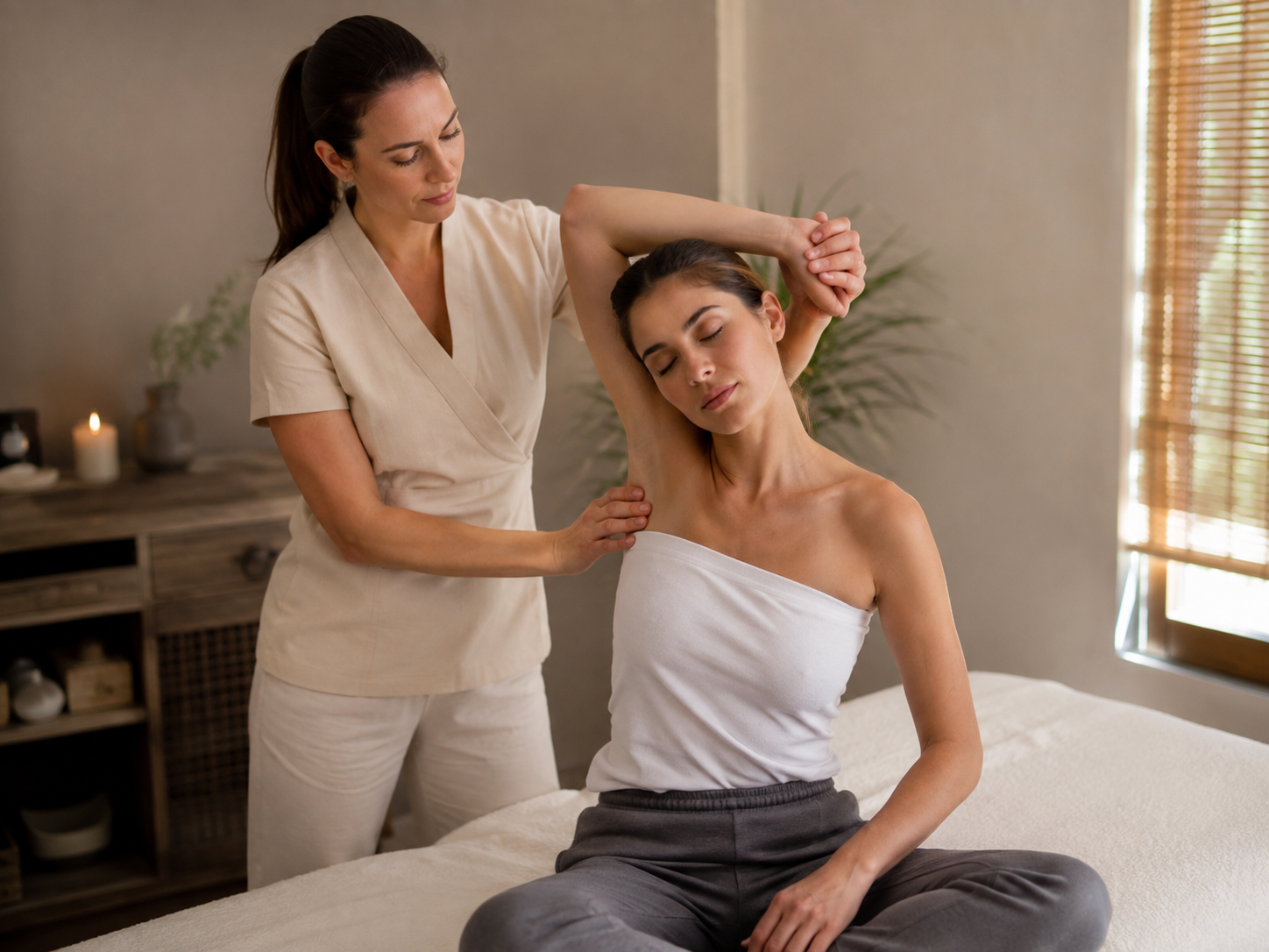 A professional massage therapist performing a shoulder stretch on a client